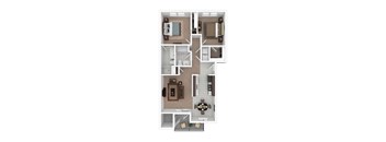 A floor plan of a house with a kitchen, living room, dining room, and bathrooms.
