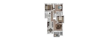 A floor plan of a house with a kitchen, living room, dining room, and bathrooms.