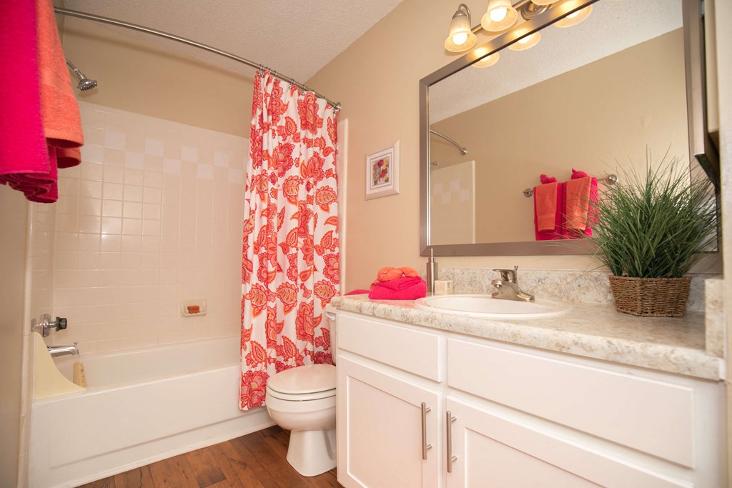 a bathroom with a red and white shower curtain