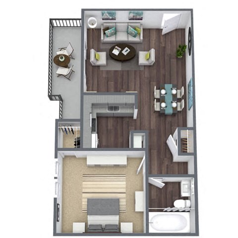 1-Bedroom, 1-Bathroom, 3D Floor Plan-A2