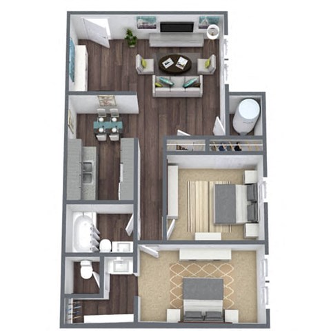 2-Bedroom, 1.5-Bathroom, 3D Floor Plan-B1