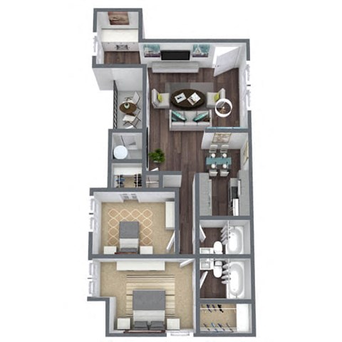 2-Bedroom, 2-Bathroom, 3D Floor Plan-B2