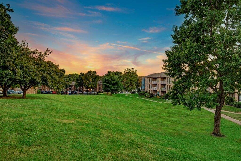 Apartment exterior with large green spaces