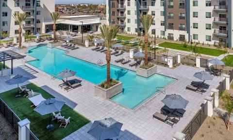 Modern Apartments for Rent in Westgate, AZ - Glen 91 - A Swimming Pool Features Palm Trees, Lounge Chairs With Umbrellas, Paver Decking, And Modern Apartment Buildings.