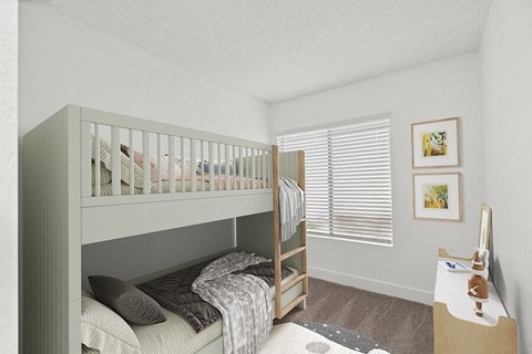 Pet-Friendly Apartments in Santa Ana, CA - Horizon - A Bright Kids Bedroom With A Wooden Bunk Bed, Neutral Bedding, A Window With White Blinds, And A Small Desk.