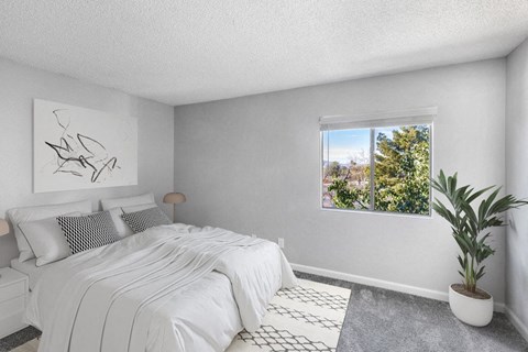 a white bedroom with a bed and a window