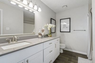 Model bathroom with modern cabinetry