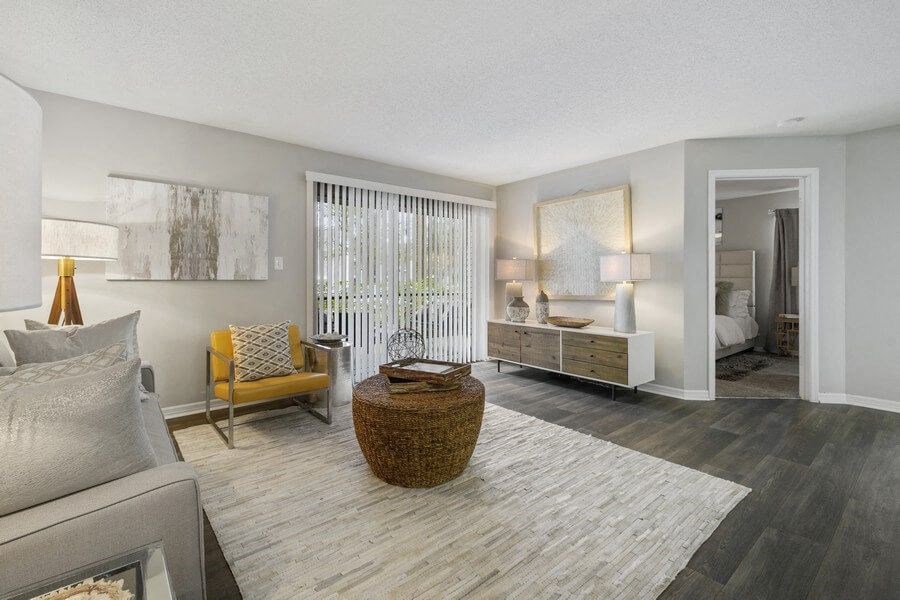 Model living area with sliding door