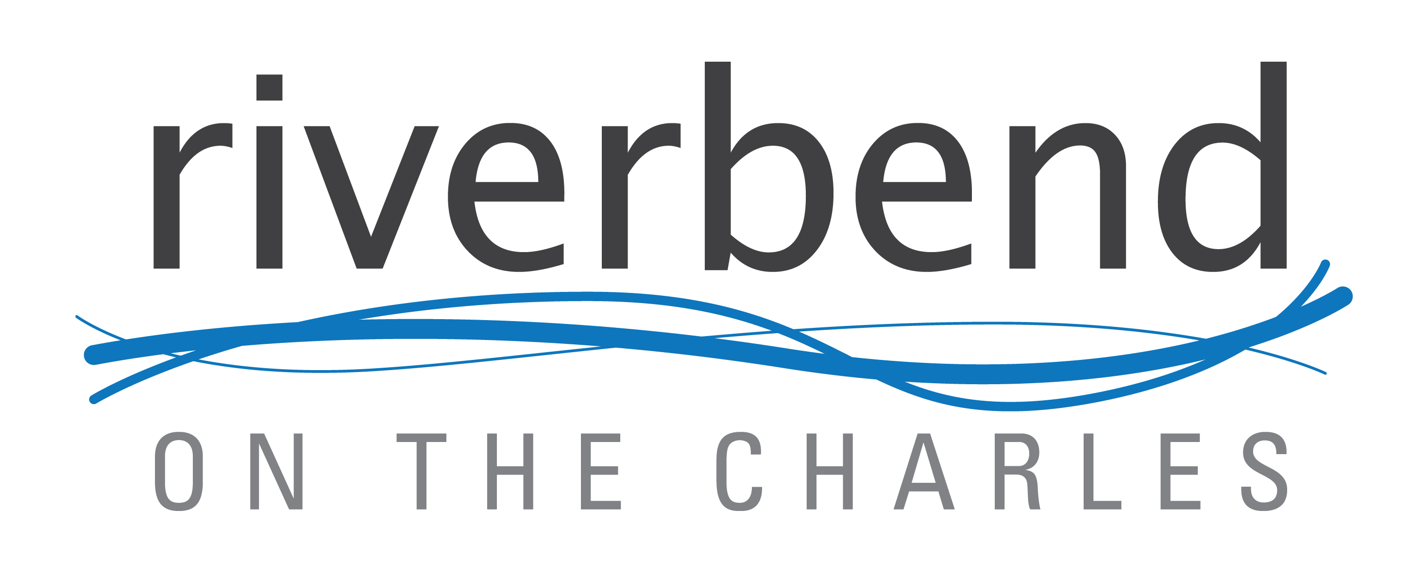 A logo with the words "riverbend on the charles" in black font with a blue wavy line underneath.