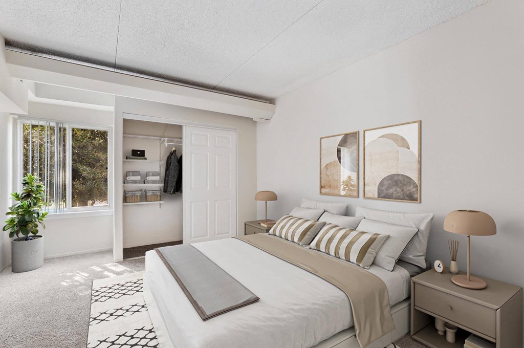 a bedroom with a bed and a closet