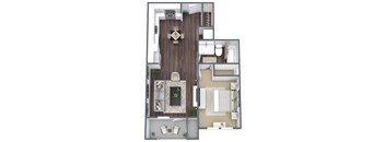 A top-down view of a house layout with a central living room, kitchen, and bathrooms.
