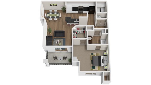 A floor plan of a house with a kitchen, living room, and two bedrooms.