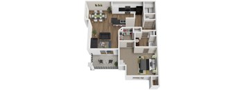 A floor plan of a house with a kitchen, living room, and two bedrooms.