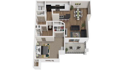 A floor plan of a two-story apartment with a living room, kitchen, dining room, and bedrooms.