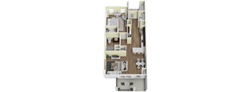 A floor plan of a two-bedroom apartment with a living room, kitchen, and bathroom.