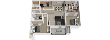 A top-down view of a house layout with a kitchen, living room, dining room, and bedrooms.