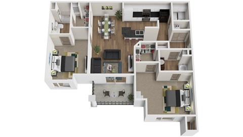 A 3D floor plan of a house with a kitchen, living room, dining room, and bedrooms.