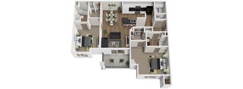 A 3D floor plan of a house with a kitchen, living room, dining room, and bedrooms.