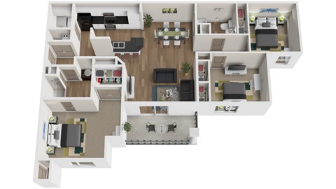 A 3D floor plan of a house with multiple rooms and furniture.