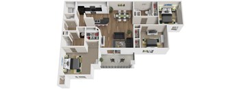A 3D floor plan of a house with multiple rooms and furniture.