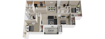 A 3D floor plan of a house with multiple rooms.