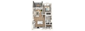 A 3D floor plan of a small apartment with a kitchen, living room, and bedroom.