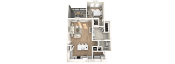 A 3D floor plan of a house with a kitchen, living room, and bedrooms.