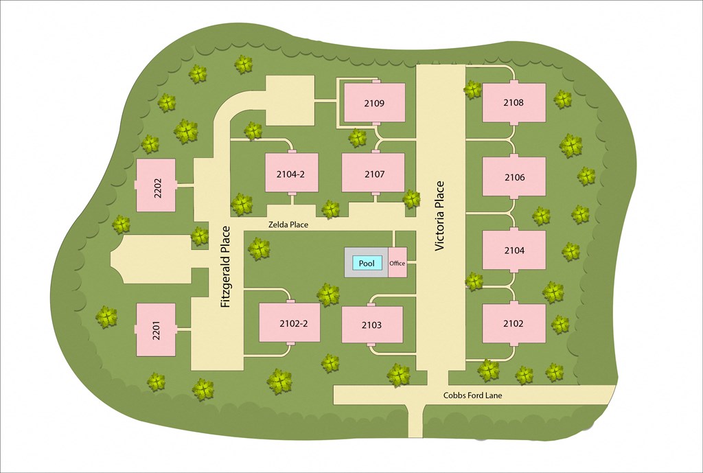 an image of a site map of a campus with a building and trees