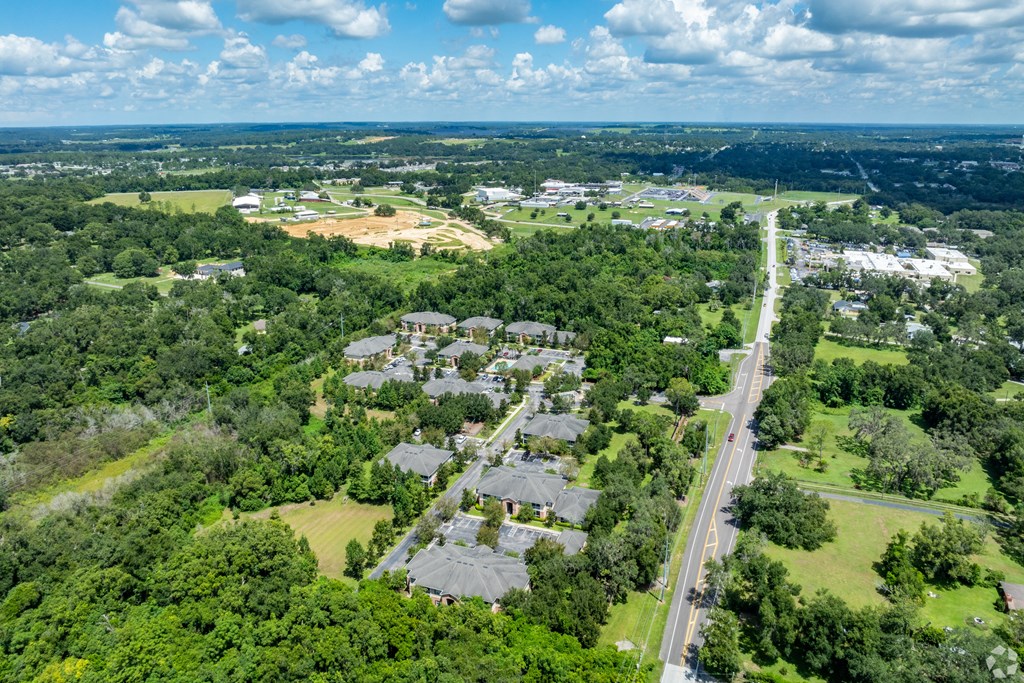 A suburban area with a road running through it.