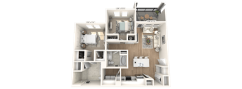 A 3D floor plan of a small apartment with a kitchen, living room, and bathroom.