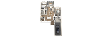 A 3D floor plan of a house with a garage.