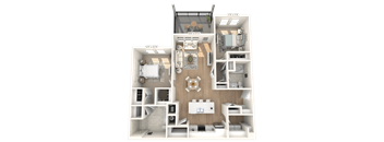 A 3D floor plan of a small apartment with a kitchen, living room, and bedroom.