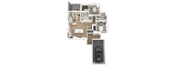 A 3D rendered image of a house layout with a garage.