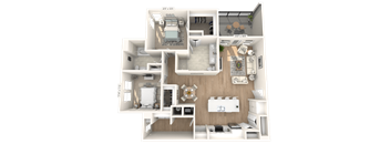 A 3D floor plan of a house with a kitchen, living room, and bathrooms.
