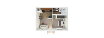A top down view of a small apartment with a living room, kitchen, and bathroom.