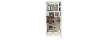 A 3D rendered image of a small apartment layout.