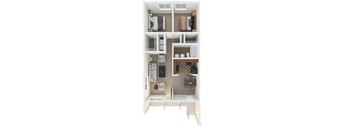 A 3D floor plan of a small apartment with a kitchen, living room, and bathroom.