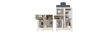 A 3D floor plan of a house showing the layout of the rooms.