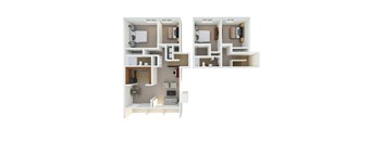 A diagram of a house with two rooms and a kitchen.