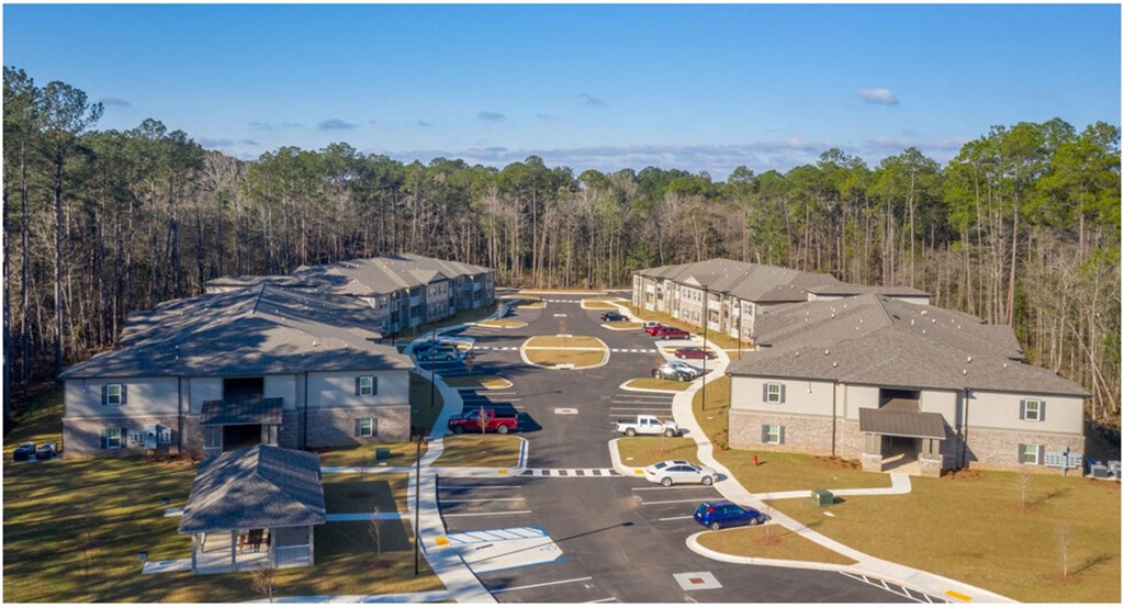 A bird's eye view of a residential area with houses and cars at Arbours at Satsuma Apartments, Alabama