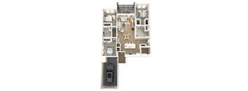 A 3D floor plan of a small apartment with a kitchen, living room, and bedroom.
