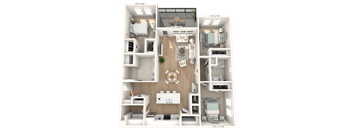 A 3D floor plan of a small apartment with a living room, kitchen, and bedrooms.