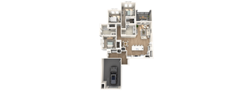 A 3D floor plan of an apartment with a garage for a car.