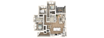 A 3D floor plan of a house with labeled rooms.