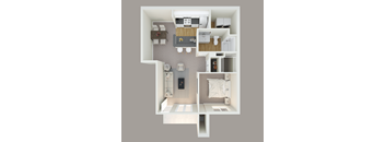 A top-down view of a small apartment with a kitchen, living room, and bedroom.