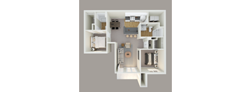 A 3D floor plan of a small apartment with a bedroom, living room, and kitchen.