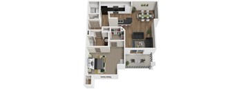A floor plan of a house with a kitchen, living room, dining room, and two bedrooms at Arbours at Lake Charles, Louisiana