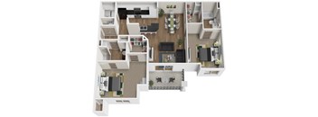 A floor plan of a house with a living room, kitchen, dining room, and multiple bedrooms at Arbours at Lake Charles, Lake Charles, Louisiana, 70605