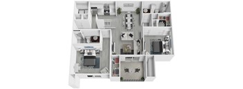 A white floor plan of a house with a kitchen, living room, and two bedrooms.