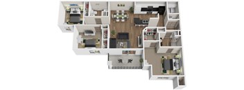 A 3D floor plan of a house with multiple rooms and furniture at Arbours at Lake Charles, Lake Charles, LA